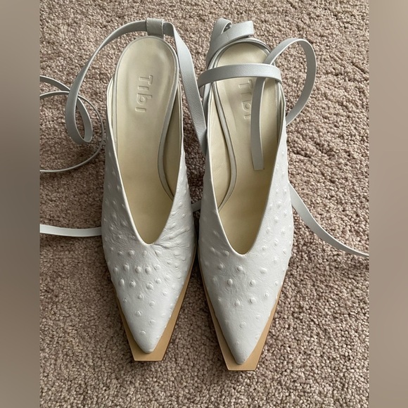 Tibi- NWOT White Leather Ostrich “Neima” Tie Up Square Toe Pumps - Picture 6 of 10